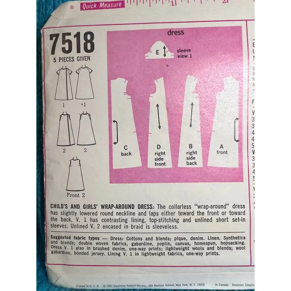 Simplicity 7518 Sewing pattern girls dress A line wrap 1960s size 4